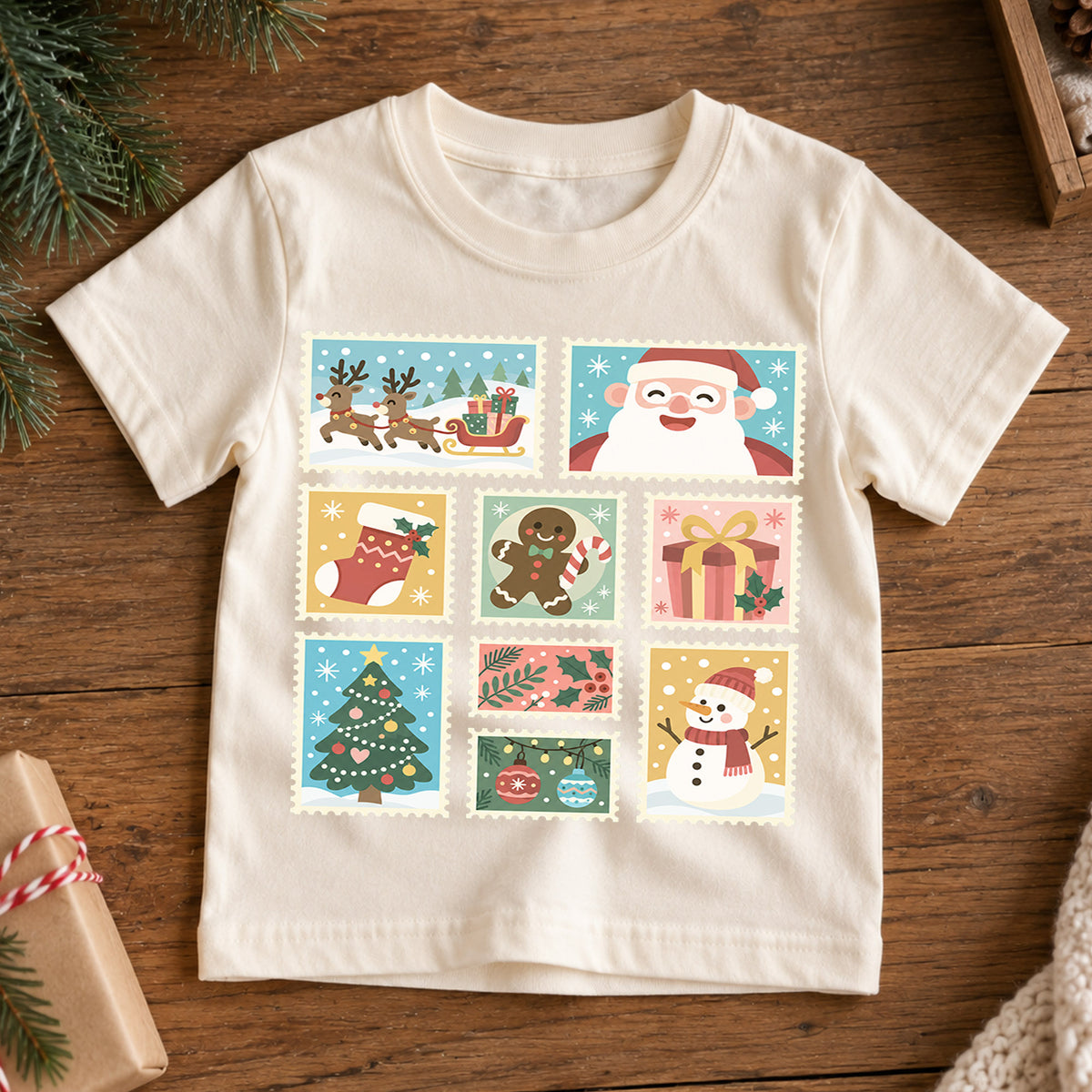 Vintage Christmas Kids Shirt, Holiday Postage Stamp T Shirt, Santa Gingerbread Snowman Tee, Retro Xmas Gift for Kids — product view 7