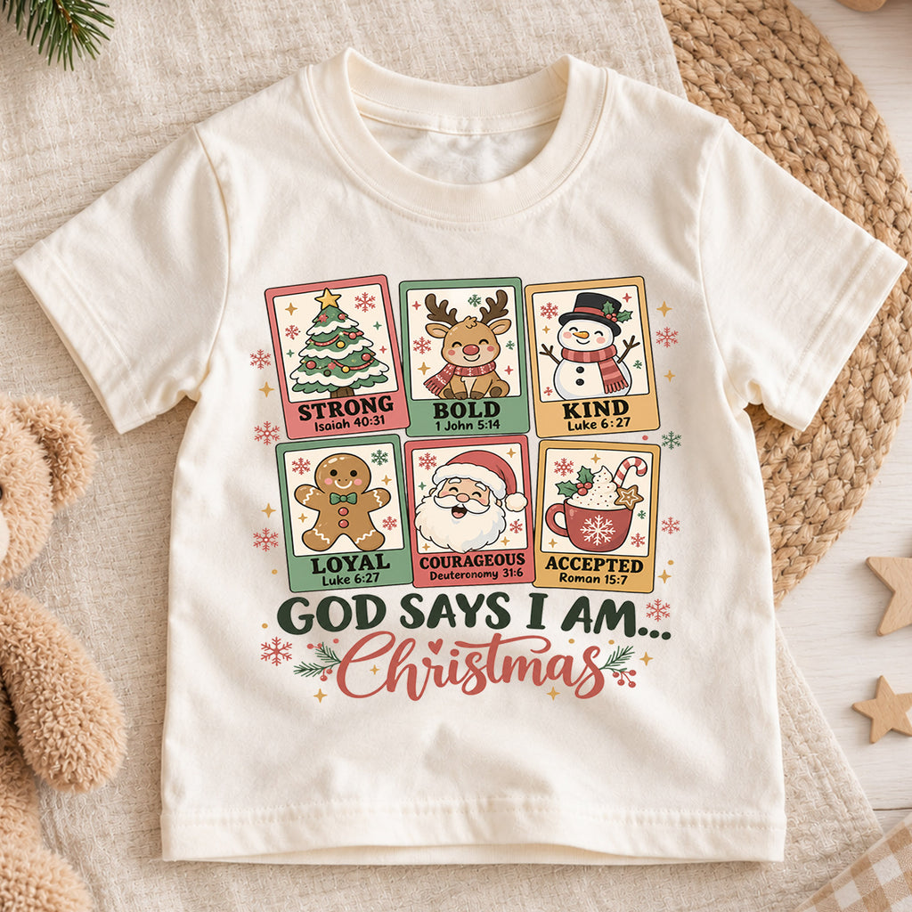 God Says I Am Christmas Kids Shirt, Christian Christmas Tee, Faith Based Holiday Shirt for Boys and Girls, Religious Christmas Gift for Kids — product view 1