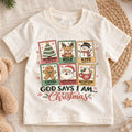 God Says I Am Christmas Kids Shirt, Christian Christmas Tee, Faith Based Holiday Shirt for Boys and Girls, Religious Christmas Gift for Kids — product view 1