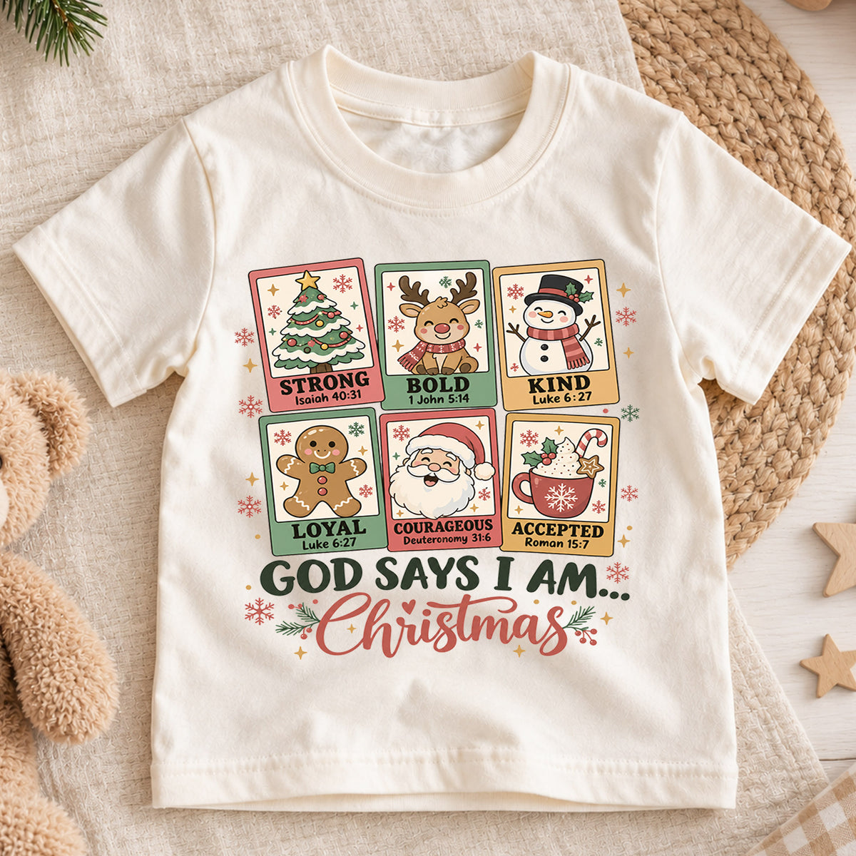 God Says I Am Christmas Kids Shirt, Christian Christmas Tee, Faith Based Holiday Shirt for Boys and Girls, Religious Christmas Gift for Kids — product view 1