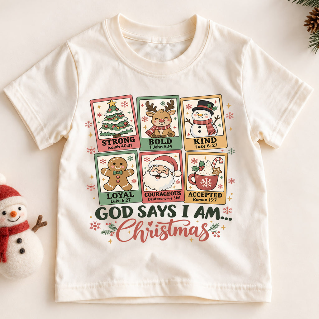 God Says I Am Christmas Kids Shirt, Christian Christmas Tee, Faith Based Holiday Shirt for Boys and Girls, Religious Christmas Gift for Kids — product view 2