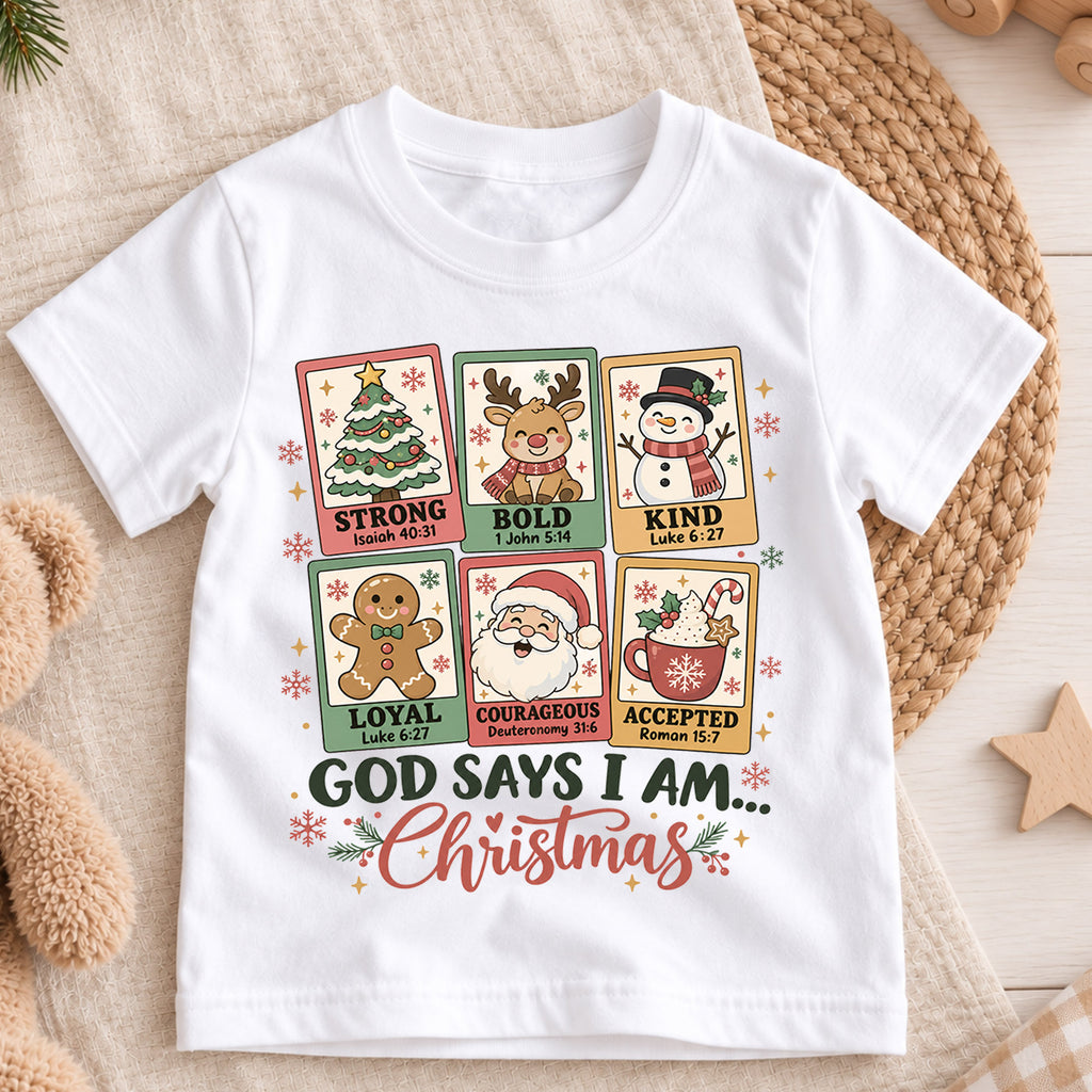 God Says I Am Christmas Kids Shirt, Christian Christmas Tee, Faith Based Holiday Shirt for Boys and Girls, Religious Christmas Gift for Kids — product view 3