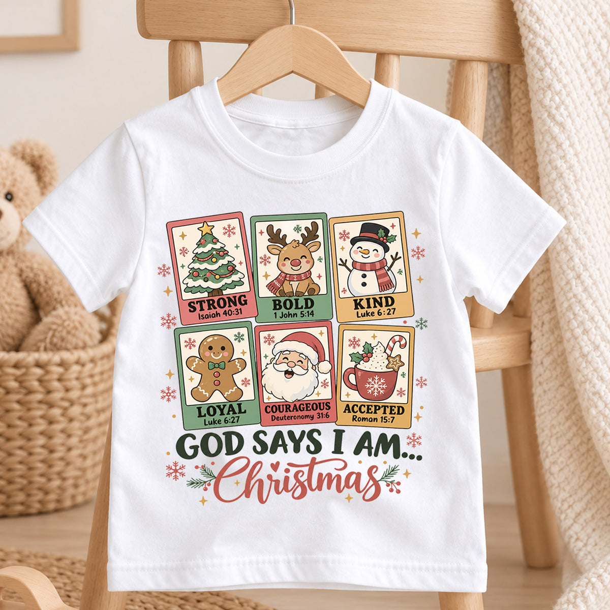 God Says I Am Christmas Kids Shirt, Christian Christmas Tee, Faith Based Holiday Shirt for Boys and Girls, Religious Christmas Gift for Kids — product view 4