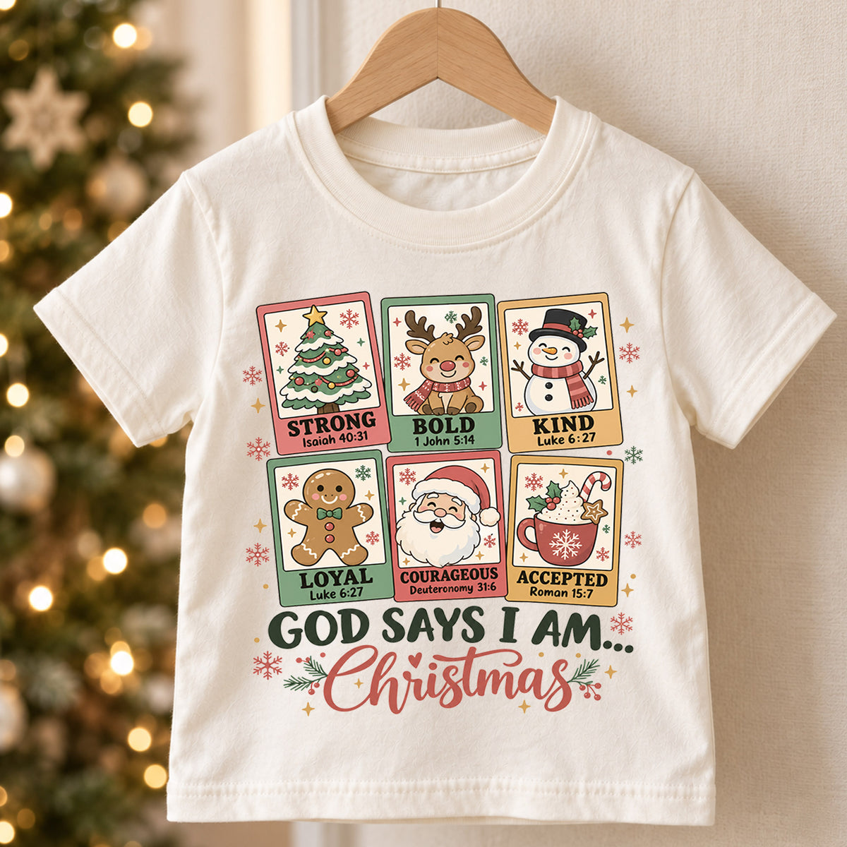 God Says I Am Christmas Kids Shirt, Christian Christmas Tee, Faith Based Holiday Shirt for Boys and Girls, Religious Christmas Gift for Kids — product view 5