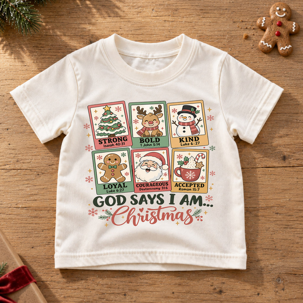 God Says I Am Christmas Kids Shirt, Christian Christmas Tee, Faith Based Holiday Shirt for Boys and Girls, Religious Christmas Gift for Kids — product view 6