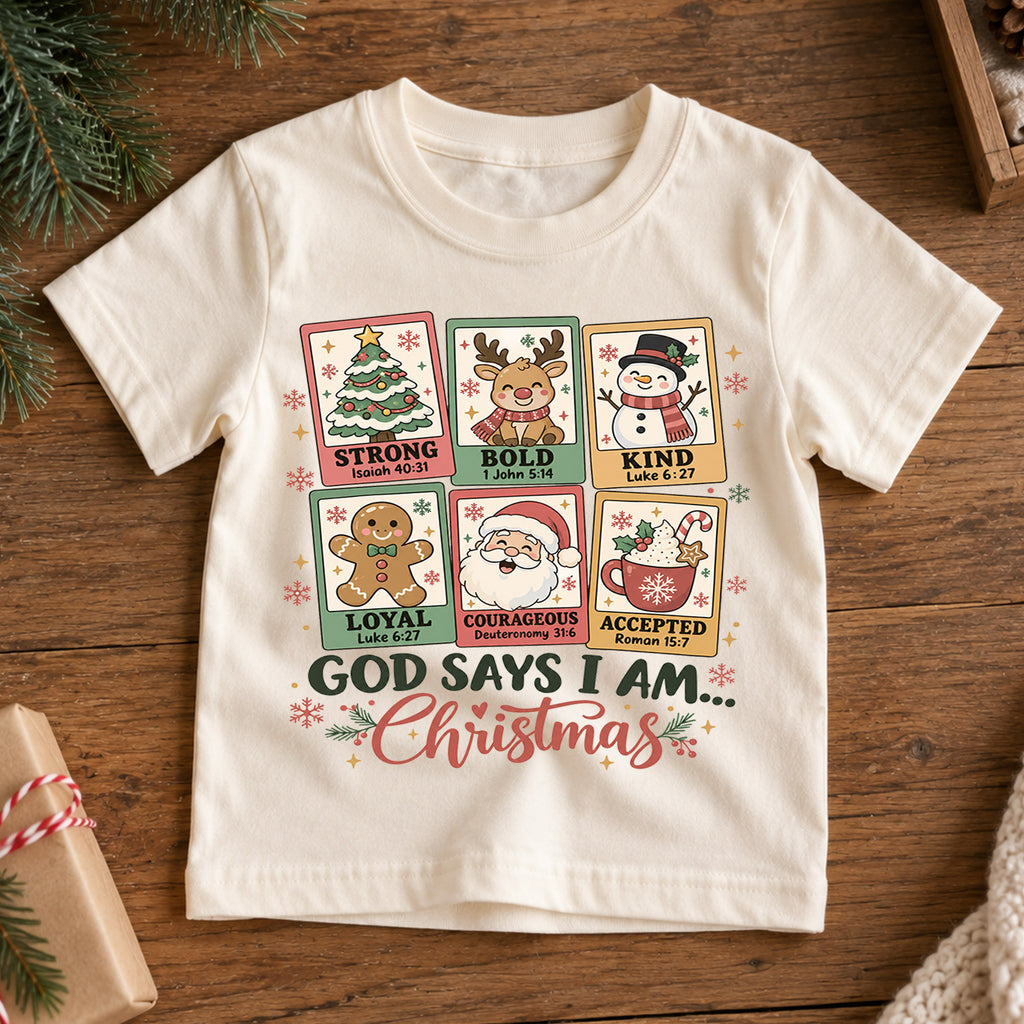 God Says I Am Christmas Kids Shirt, Christian Christmas Tee, Faith Based Holiday Shirt for Boys and Girls, Religious Christmas Gift for Kids — product view 7