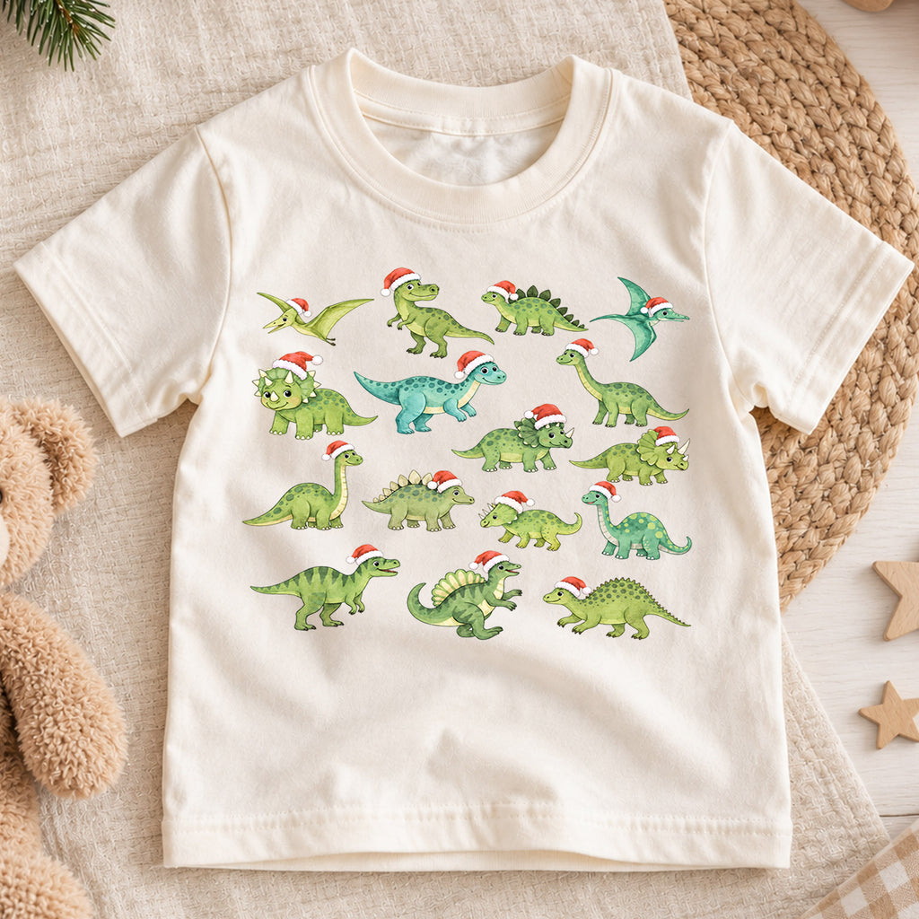 Dinosaur Christmas Kids Shirt, Santa Hat Dinosaur Tee, Cute Dino Holiday Shirt for Boys and Girls, Funny Christmas Outfit and Festive Gift — product view 1