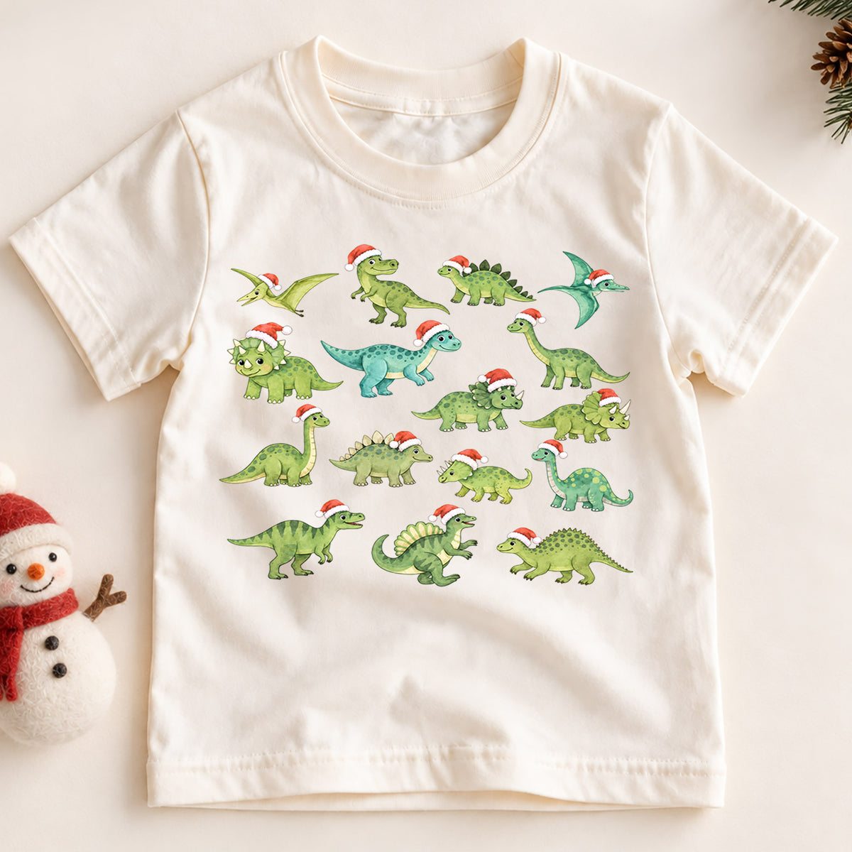 Dinosaur Christmas Kids Shirt, Santa Hat Dinosaur Tee, Cute Dino Holiday Shirt for Boys and Girls, Funny Christmas Outfit and Festive Gift — product view 2