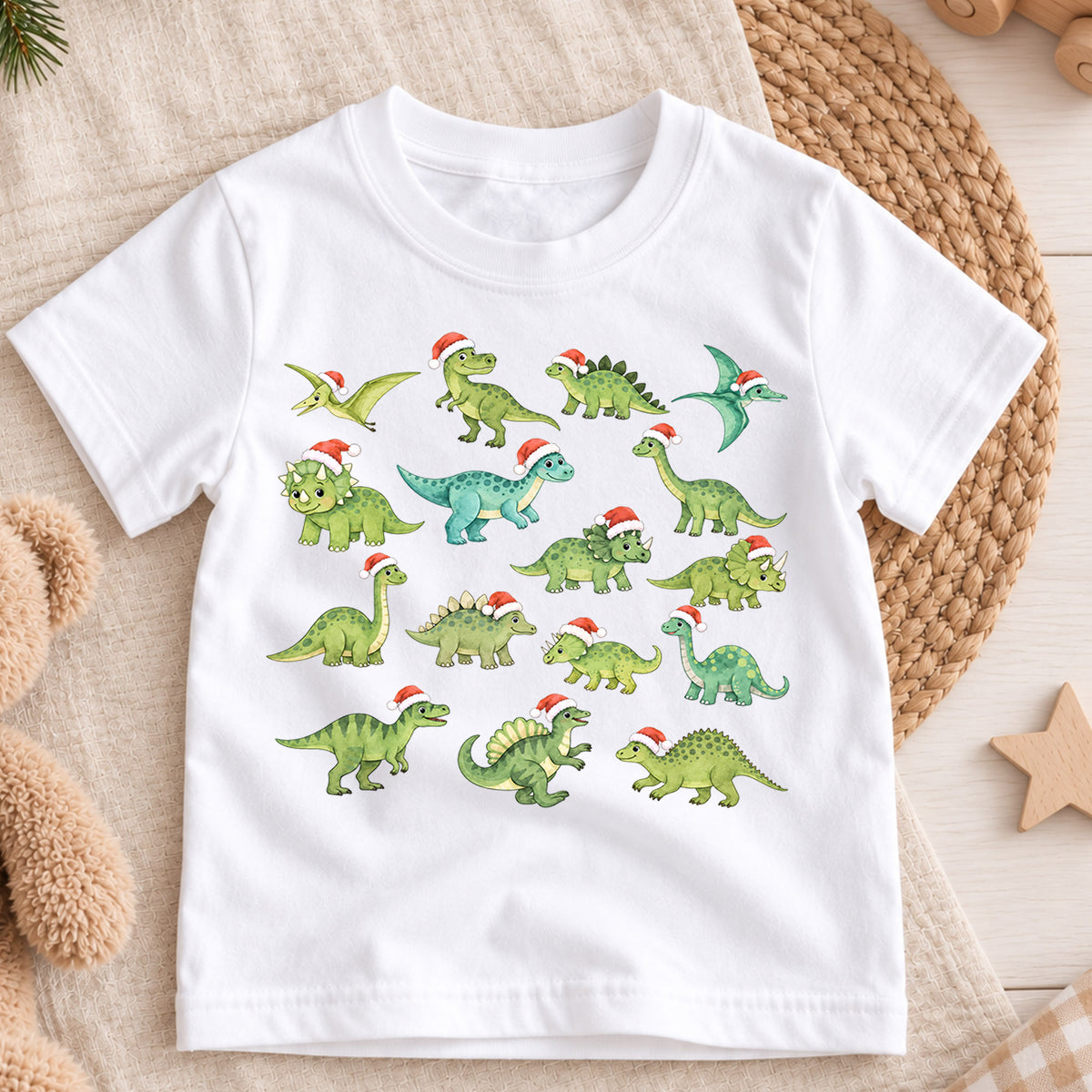 Dinosaur Christmas Kids Shirt, Santa Hat Dinosaur Tee, Cute Dino Holiday Shirt for Boys and Girls, Funny Christmas Outfit and Festive Gift — product view 3