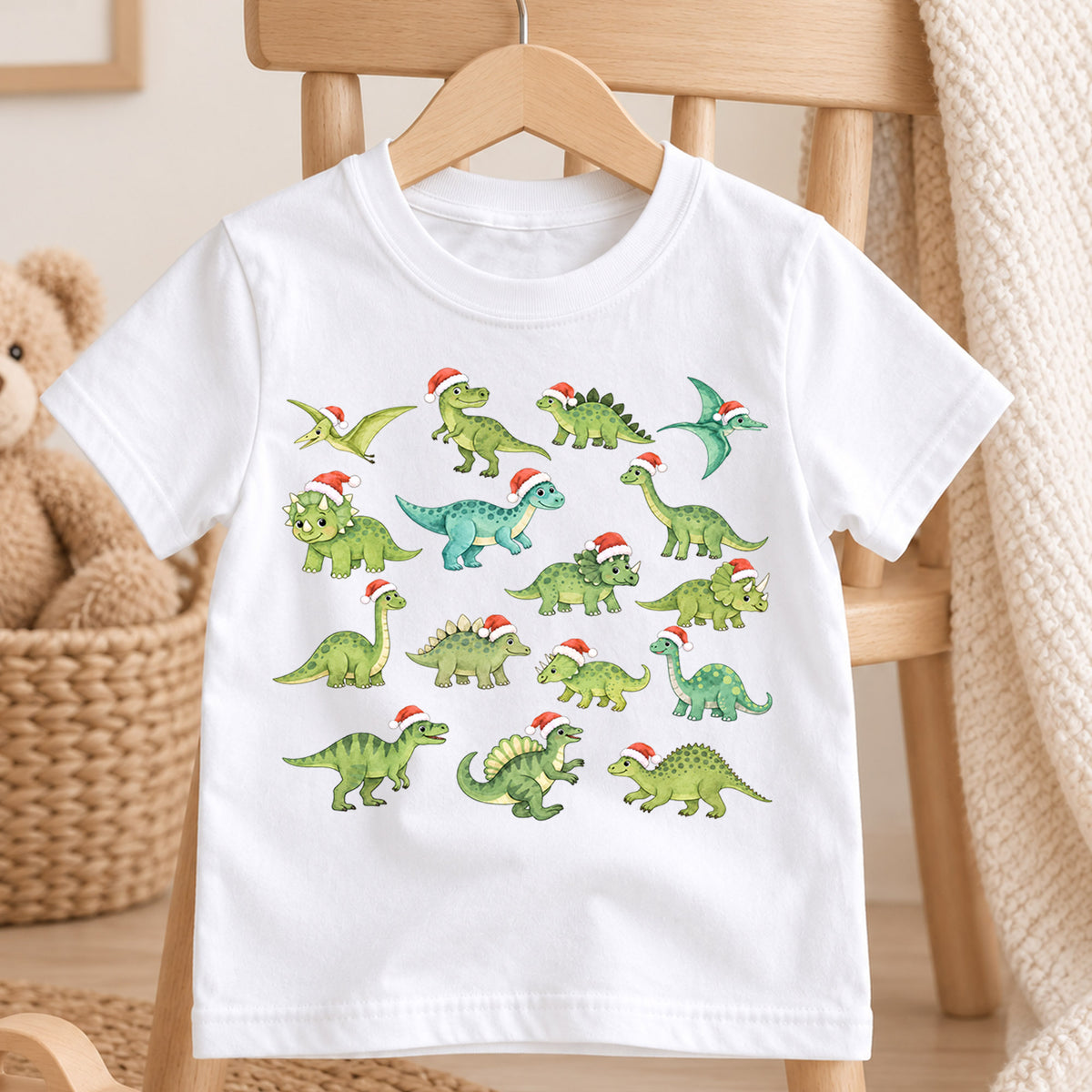 Dinosaur Christmas Kids Shirt, Santa Hat Dinosaur Tee, Cute Dino Holiday Shirt for Boys and Girls, Funny Christmas Outfit and Festive Gift — product view 4