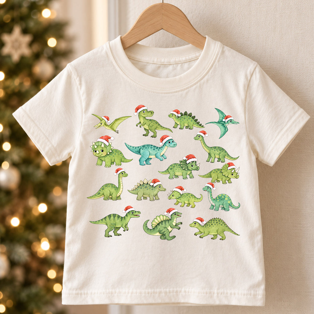 Dinosaur Christmas Kids Shirt, Santa Hat Dinosaur Tee, Cute Dino Holiday Shirt for Boys and Girls, Funny Christmas Outfit and Festive Gift — product view 5