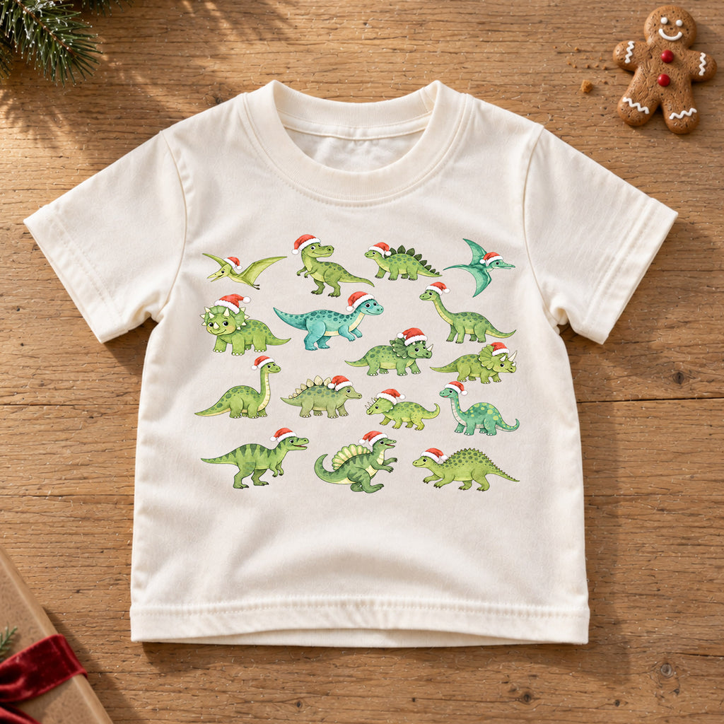 Dinosaur Christmas Kids Shirt, Santa Hat Dinosaur Tee, Cute Dino Holiday Shirt for Boys and Girls, Funny Christmas Outfit and Festive Gift — product view 6