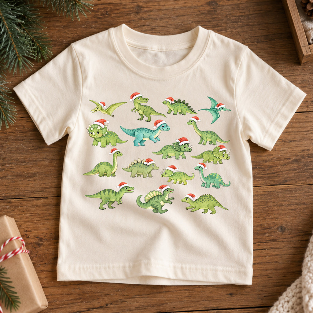 Dinosaur Christmas Kids Shirt, Santa Hat Dinosaur Tee, Cute Dino Holiday Shirt for Boys and Girls, Funny Christmas Outfit and Festive Gift — product view 7