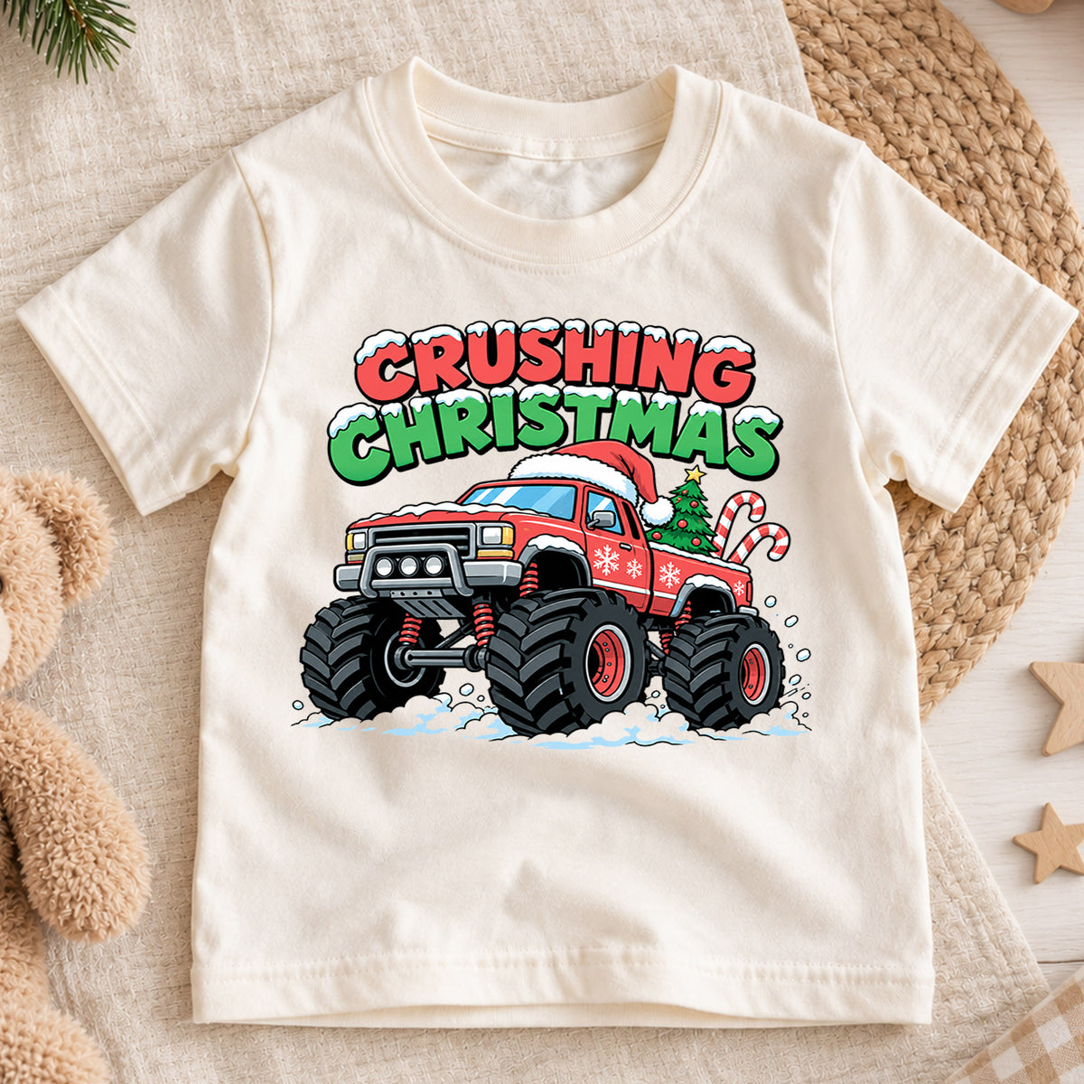 Crushing Christmas Monster Truck Kids Shirt, Christmas Truck Holiday T Shirt, Boys Xmas Tee, Festive Vehicle Gift for Kids — product view 1