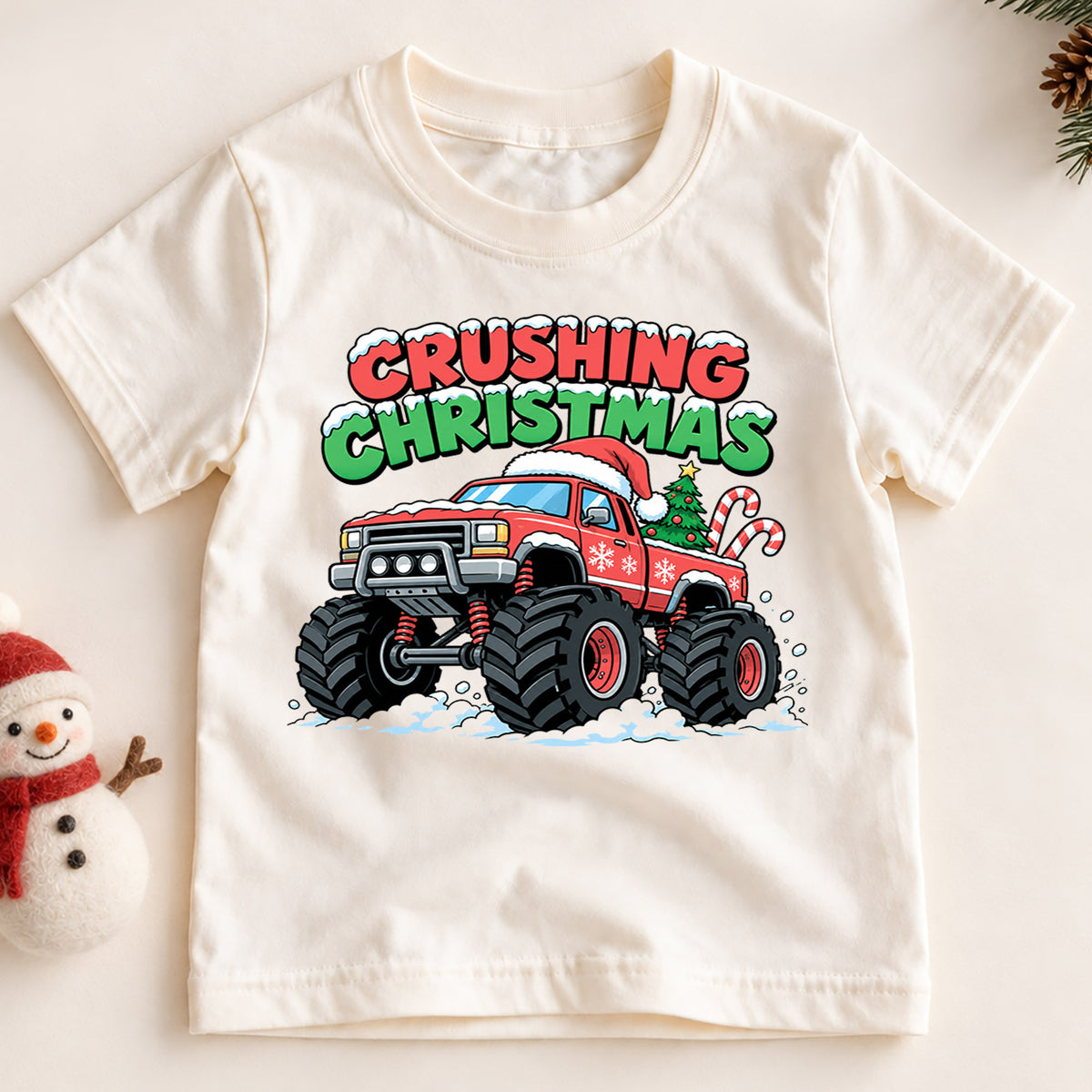 Crushing Christmas Monster Truck Kids Shirt, Christmas Truck Holiday T Shirt, Boys Xmas Tee, Festive Vehicle Gift for Kids — product view 2