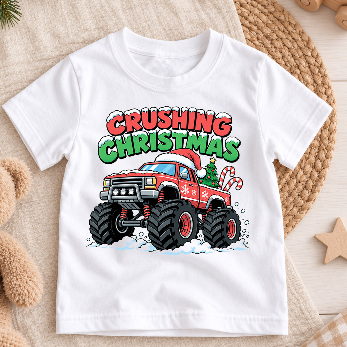 Crushing Christmas Monster Truck Kids Shirt, Christmas Truck Holiday T Shirt, Boys Xmas Tee, Festive Vehicle Gift for Kids — product view 3