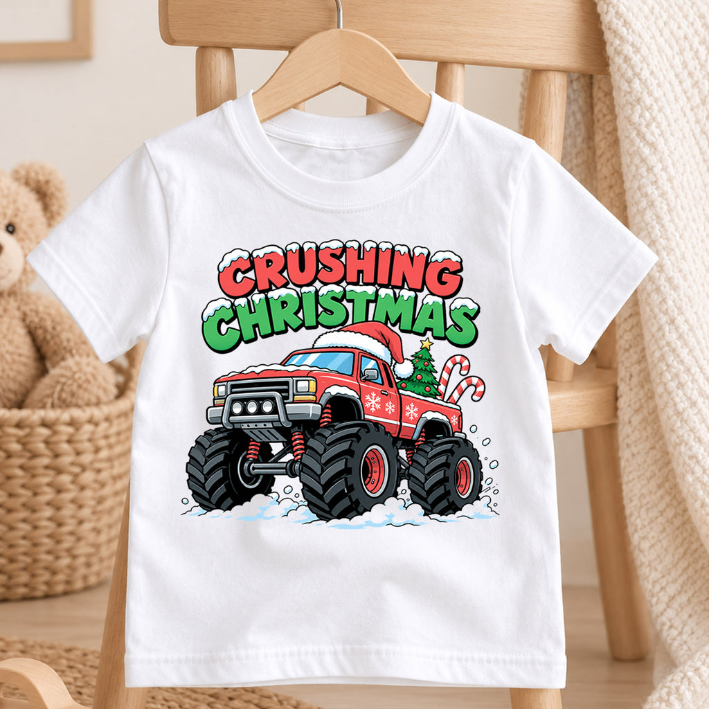 Crushing Christmas Monster Truck Kids Shirt, Christmas Truck Holiday T Shirt, Boys Xmas Tee, Festive Vehicle Gift for Kids — product view 4