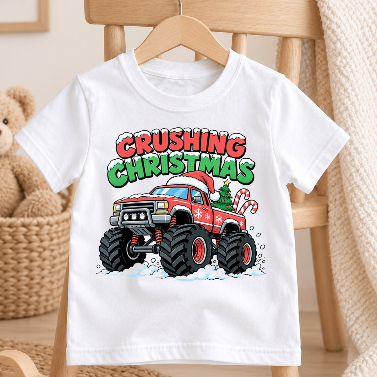 Crushing Christmas Monster Truck Kids Shirt, Christmas Truck Holiday T Shirt, Boys Xmas Tee, Festive Vehicle Gift for Kids — product view 4