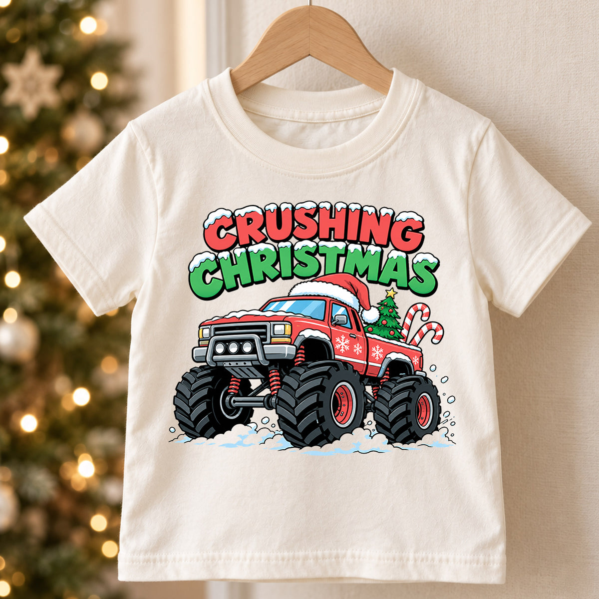 Crushing Christmas Monster Truck Kids Shirt, Christmas Truck Holiday T Shirt, Boys Xmas Tee, Festive Vehicle Gift for Kids — product view 5
