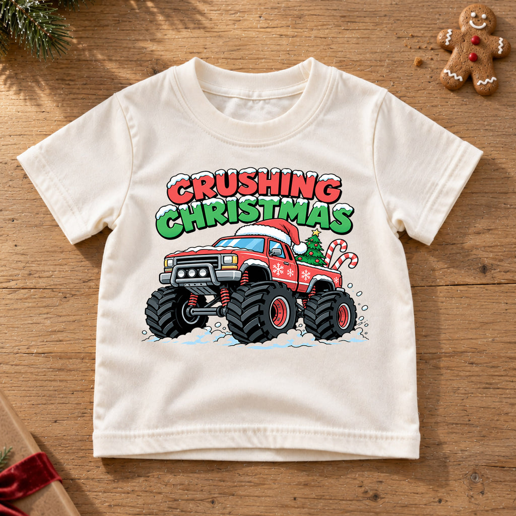 Crushing Christmas Monster Truck Kids Shirt, Christmas Truck Holiday T Shirt, Boys Xmas Tee, Festive Vehicle Gift for Kids — product view 6