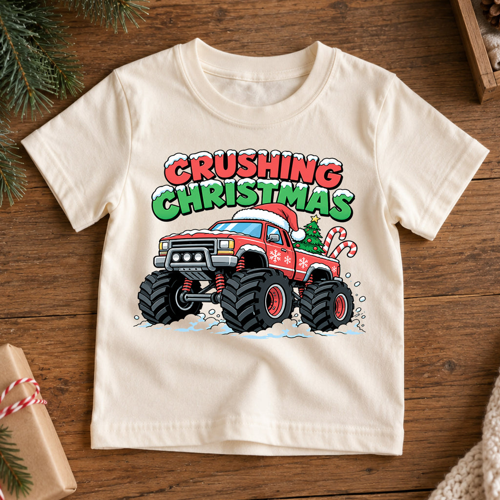 Crushing Christmas Monster Truck Kids Shirt, Christmas Truck Holiday T Shirt, Boys Xmas Tee, Festive Vehicle Gift for Kids — product view 7