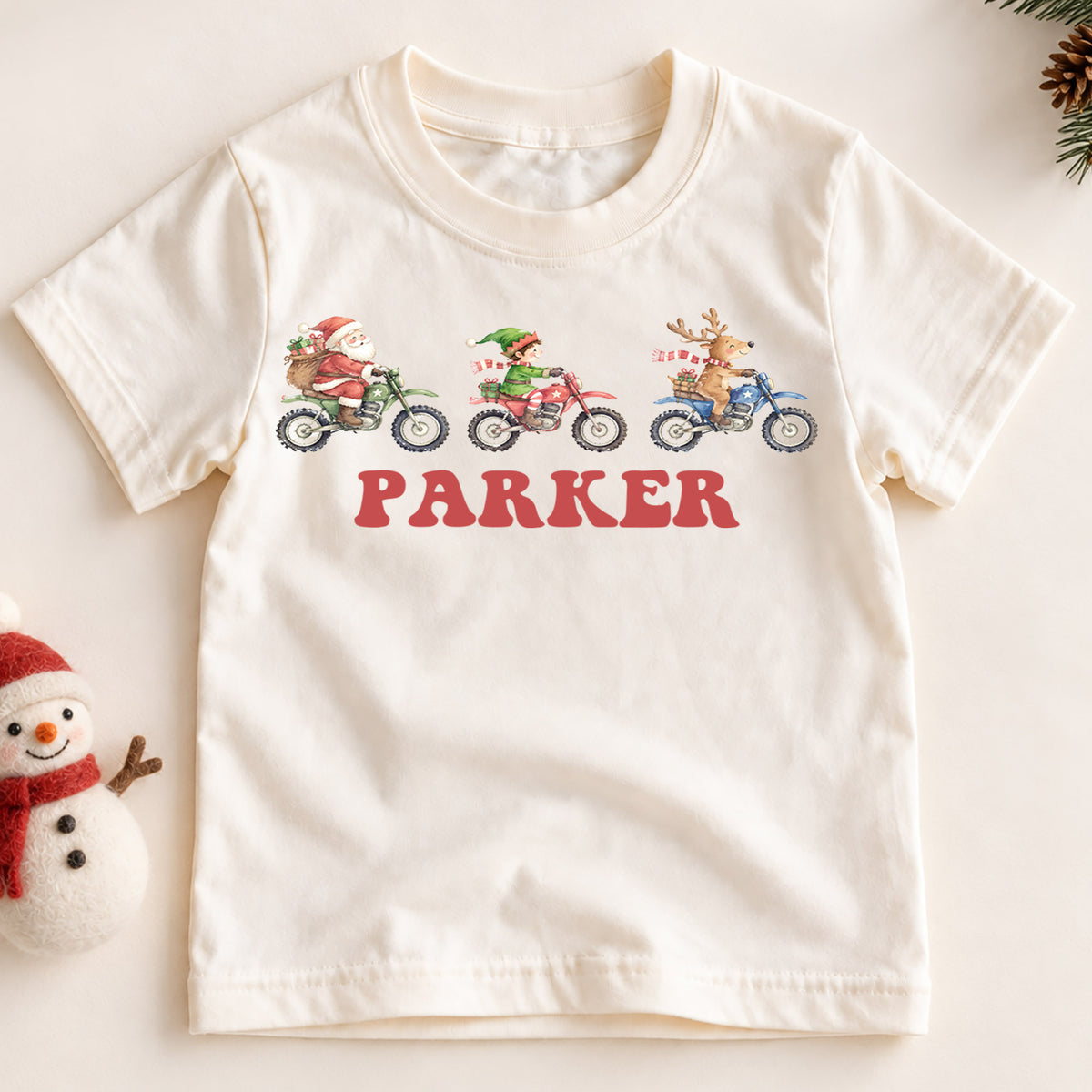 Personalized Motocross Christmas Kids T-Shirt, Custom Name Santa Elf Reindeer Dirt Bike Shirt, 1st Christmas Gift, First Birthday Outfit — product view 2
