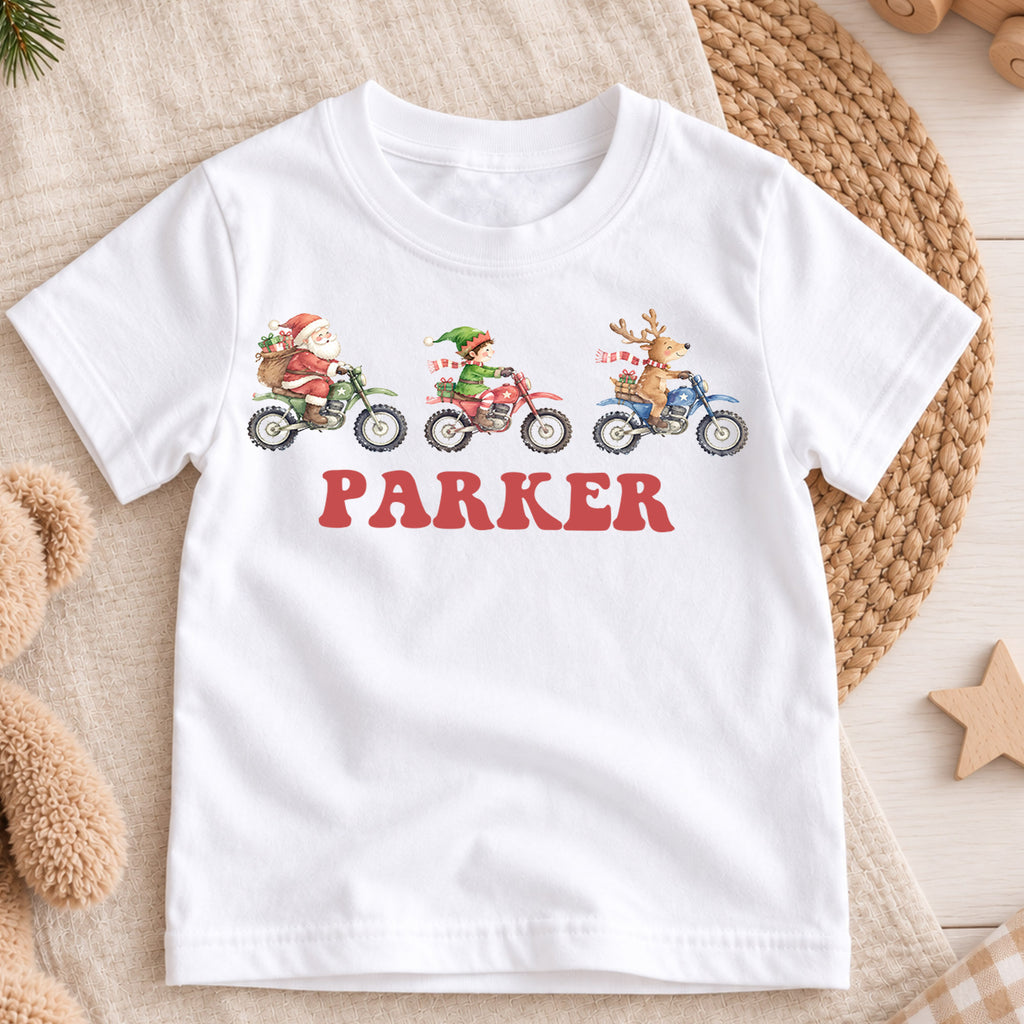 Personalized Motocross Christmas Kids T-Shirt, Custom Name Santa Elf Reindeer Dirt Bike Shirt, 1st Christmas Gift, First Birthday Outfit — product view 3