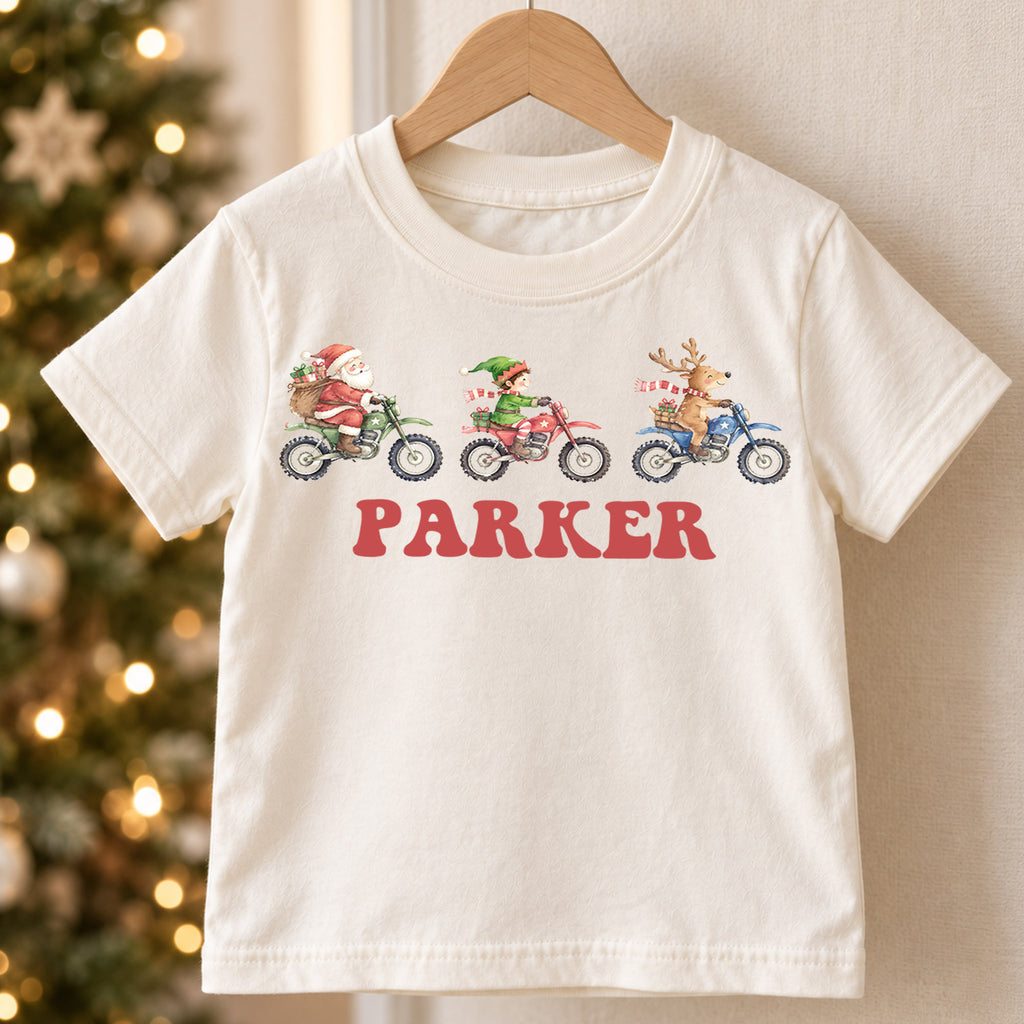 Personalized Motocross Christmas Kids T-Shirt, Custom Name Santa Elf Reindeer Dirt Bike Shirt, 1st Christmas Gift, First Birthday Outfit — product view 5