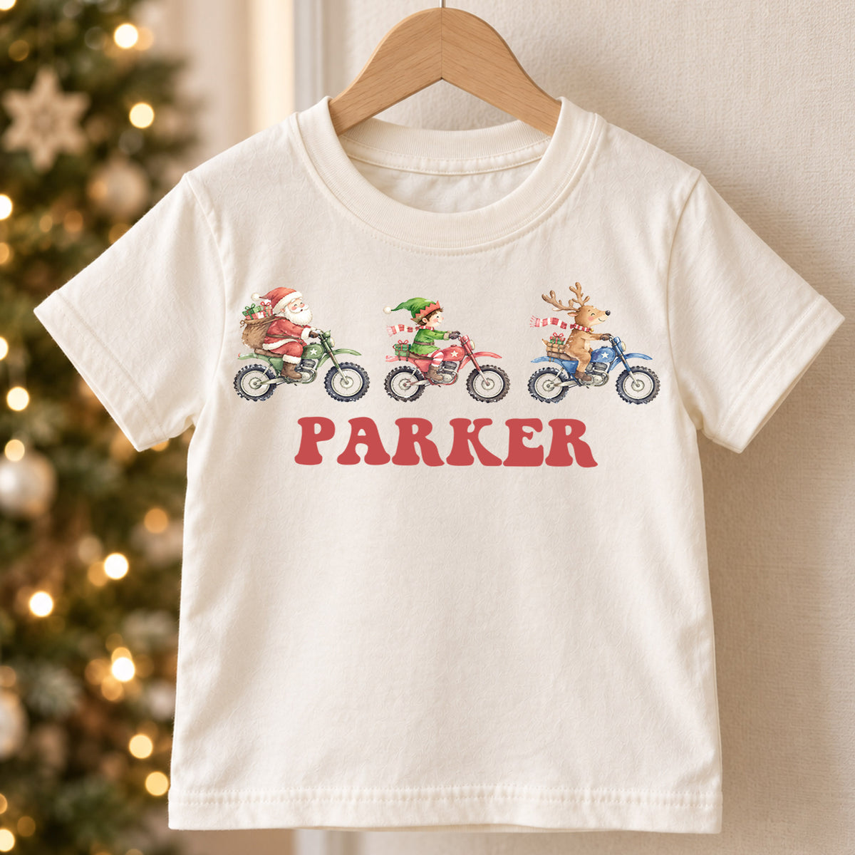 Personalized Motocross Christmas Kids T-Shirt, Custom Name Santa Elf Reindeer Dirt Bike Shirt, 1st Christmas Gift, First Birthday Outfit — product view 5