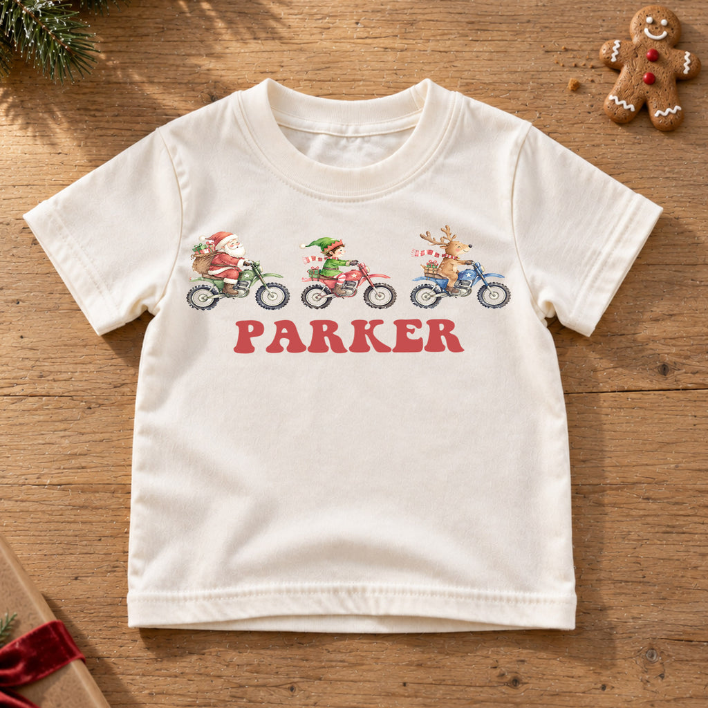 Personalized Motocross Christmas Kids T-Shirt, Custom Name Santa Elf Reindeer Dirt Bike Shirt, 1st Christmas Gift, First Birthday Outfit — product view 6