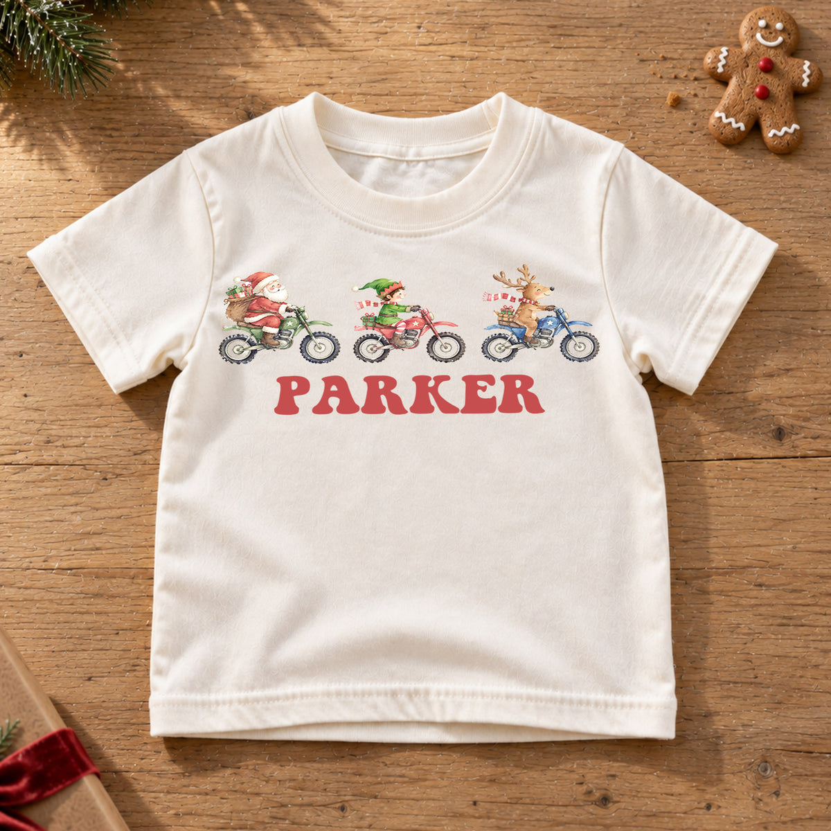 Personalized Motocross Christmas Kids T-Shirt, Custom Name Santa Elf Reindeer Dirt Bike Shirt, 1st Christmas Gift, First Birthday Outfit — product view 6
