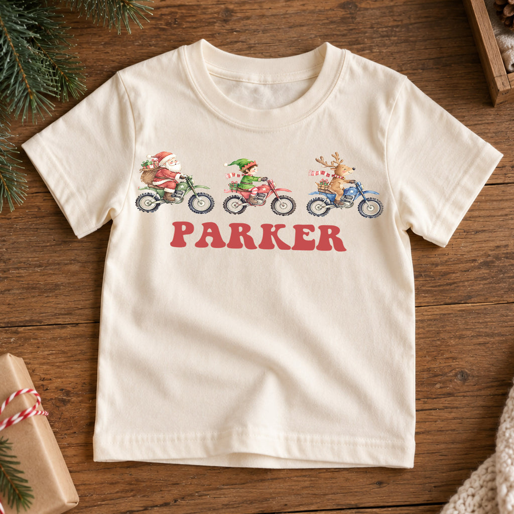 Personalized Motocross Christmas Kids T-Shirt, Custom Name Santa Elf Reindeer Dirt Bike Shirt, 1st Christmas Gift, First Birthday Outfit — product view 7
