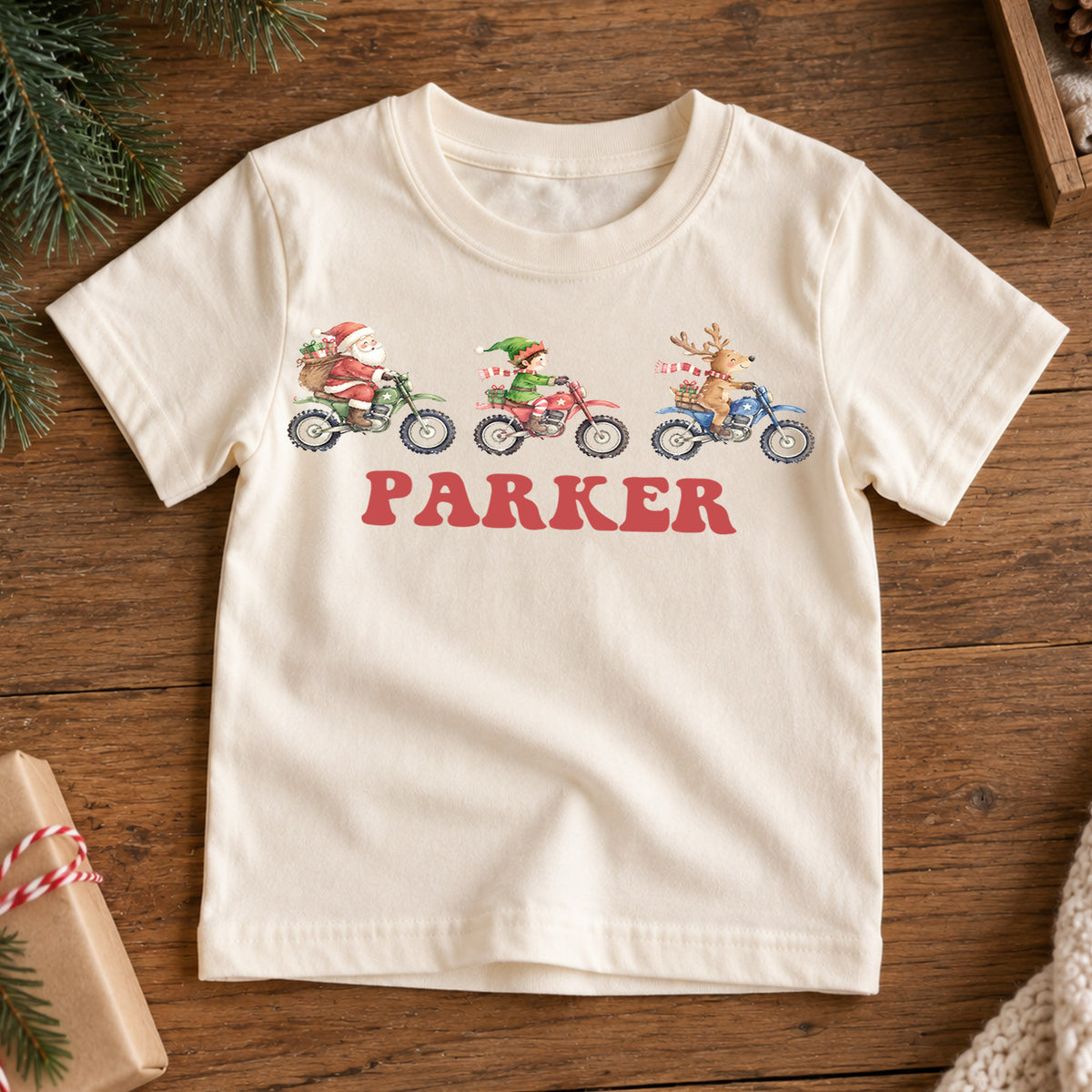 Personalized Motocross Christmas Kids T-Shirt, Custom Name Santa Elf Reindeer Dirt Bike Shirt, 1st Christmas Gift, First Birthday Outfit — product view 7