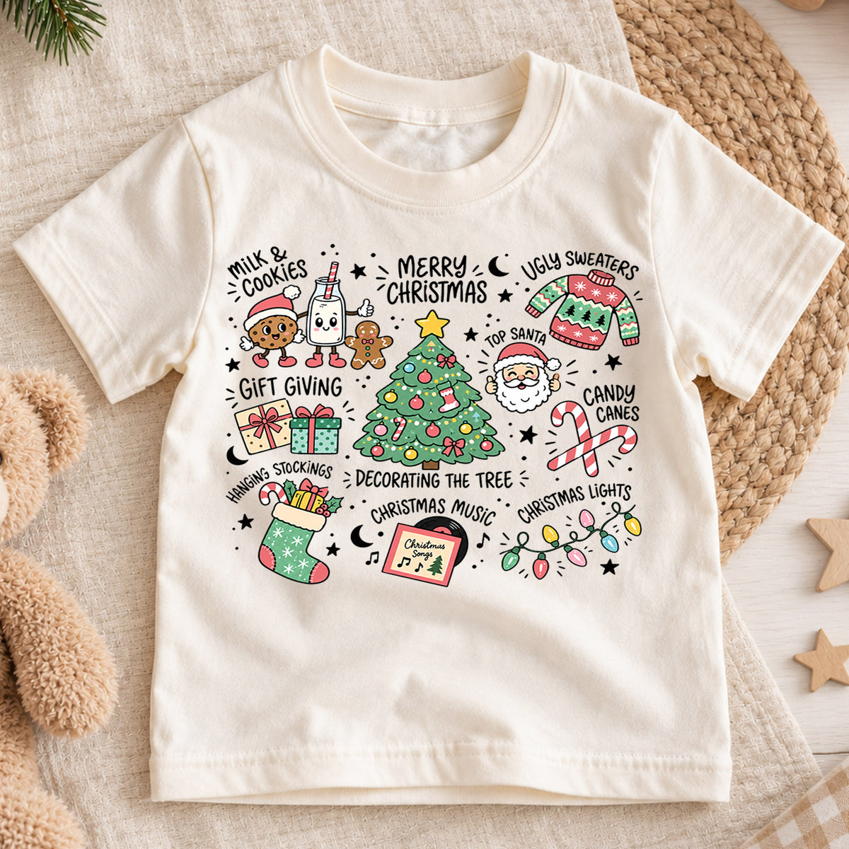Christmas Favorites Kids Shirt, Milk Cookies Santa Tree Tee, Holiday Traditions Christmas Shirt for Kids, Cute Festive Christmas Gift — product view 1