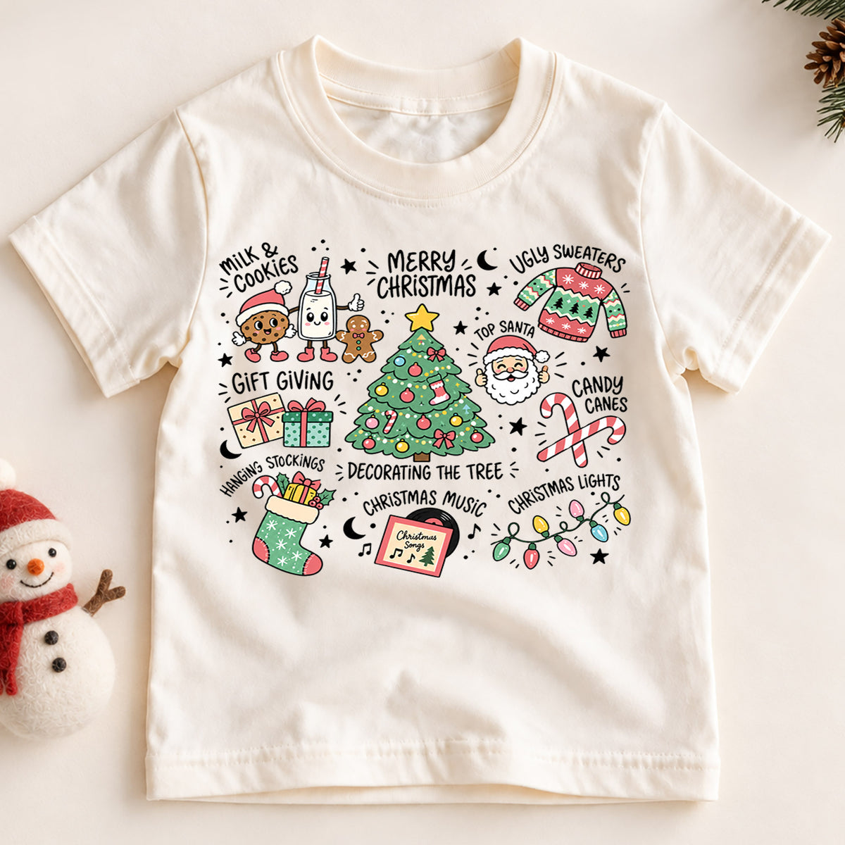 Christmas Favorites Kids Shirt, Milk Cookies Santa Tree Tee, Holiday Traditions Christmas Shirt for Kids, Cute Festive Christmas Gift — product view 2