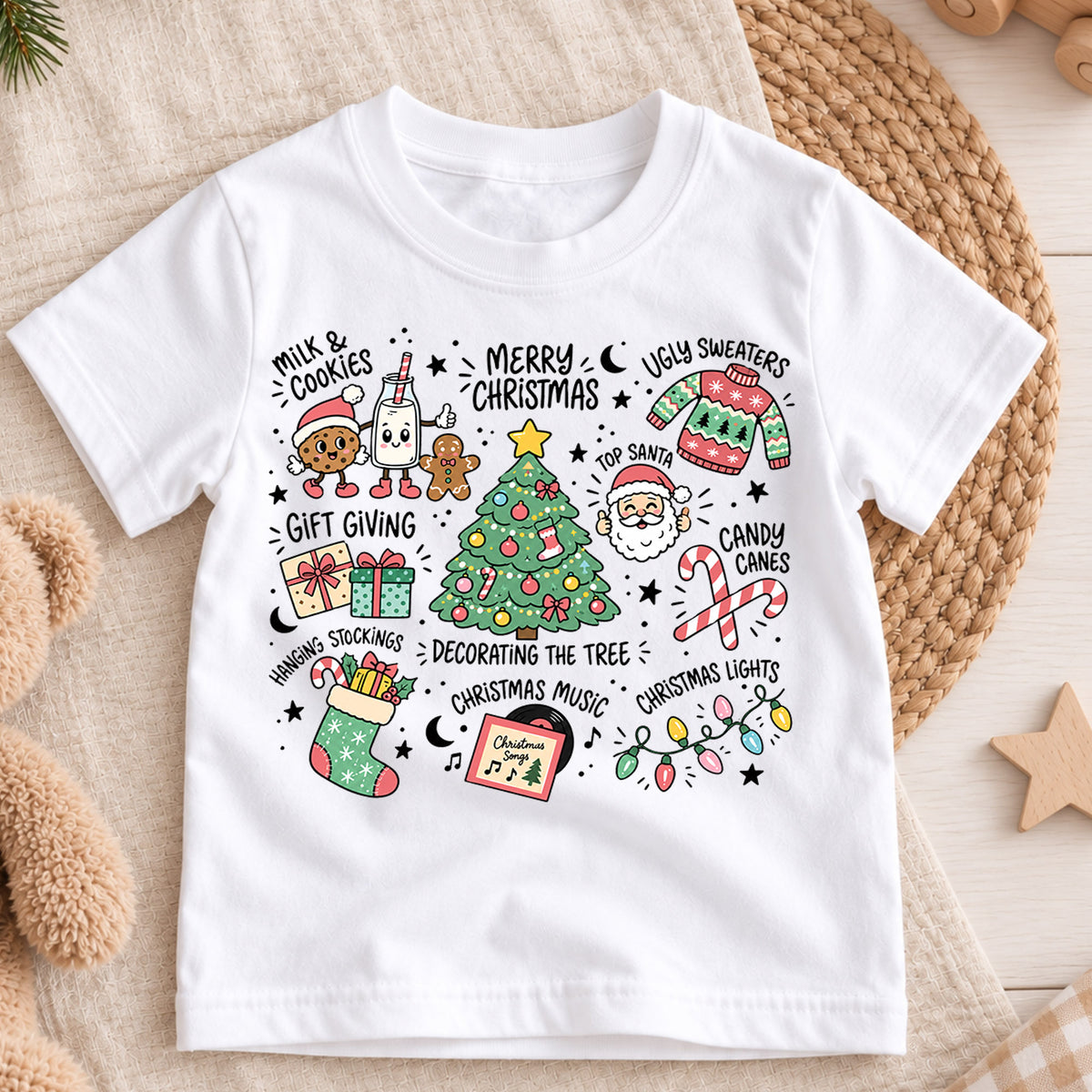 Christmas Favorites Kids Shirt, Milk Cookies Santa Tree Tee, Holiday Traditions Christmas Shirt for Kids, Cute Festive Christmas Gift — product view 3