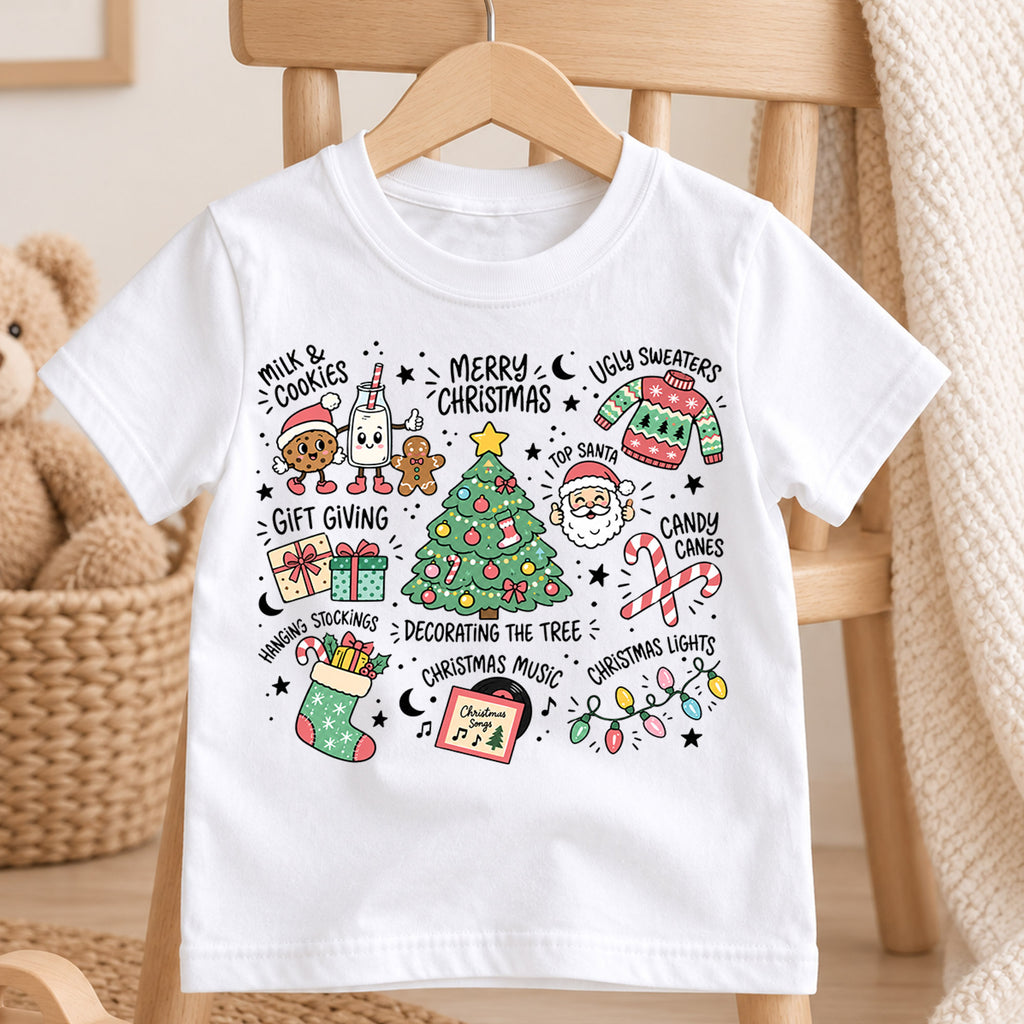 Christmas Favorites Kids Shirt, Milk Cookies Santa Tree Tee, Holiday Traditions Christmas Shirt for Kids, Cute Festive Christmas Gift — product view 4