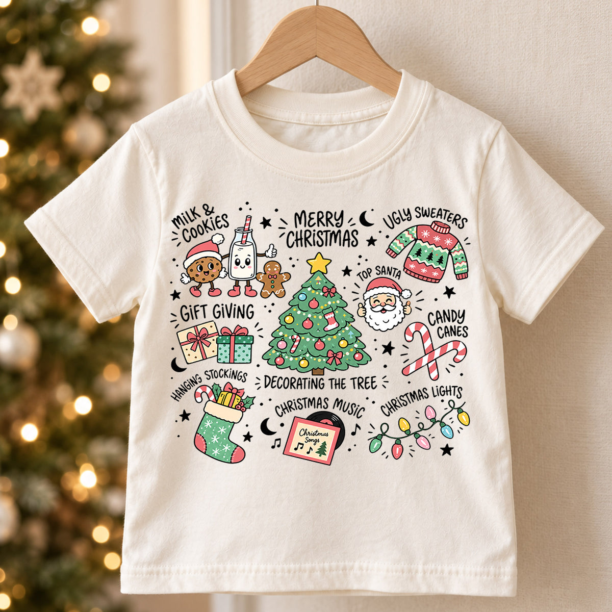Christmas Favorites Kids Shirt, Milk Cookies Santa Tree Tee, Holiday Traditions Christmas Shirt for Kids, Cute Festive Christmas Gift — product view 5