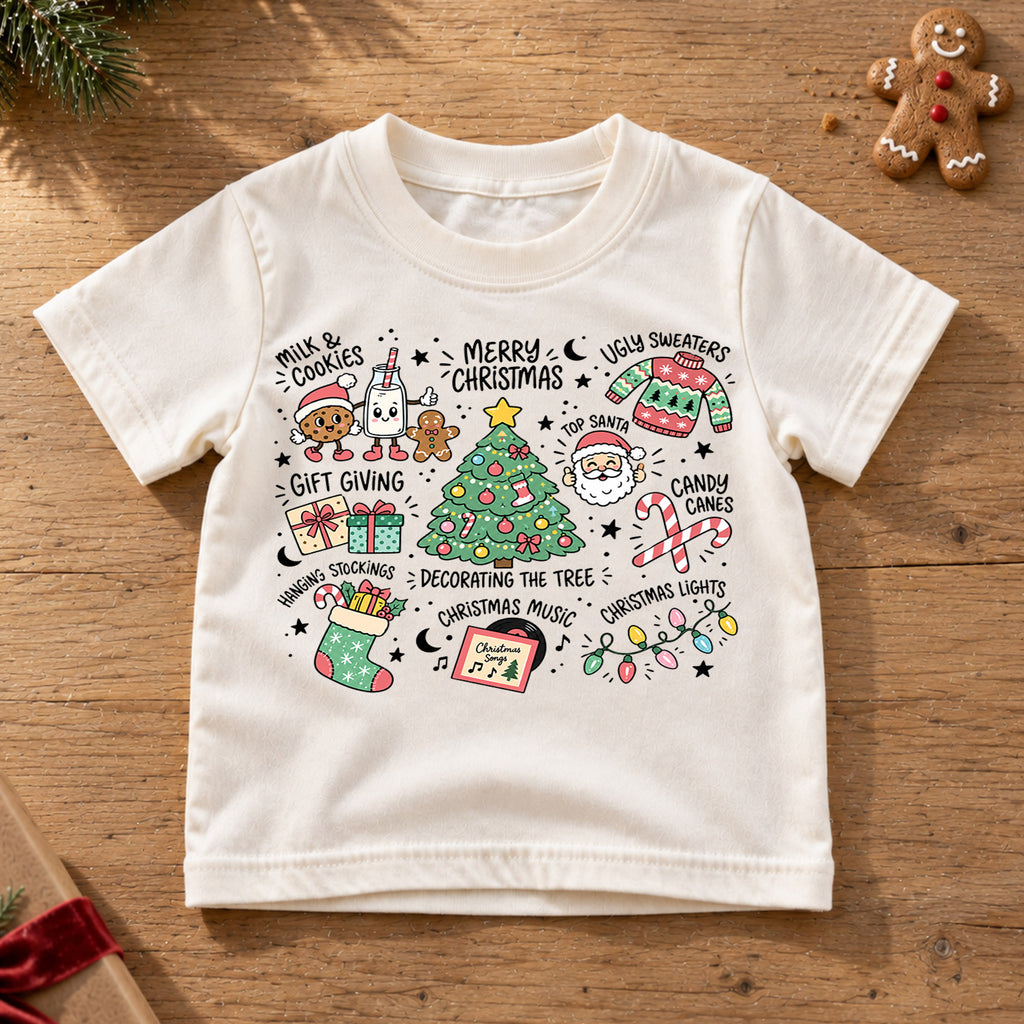 Christmas Favorites Kids Shirt, Milk Cookies Santa Tree Tee, Holiday Traditions Christmas Shirt for Kids, Cute Festive Christmas Gift — product view 6