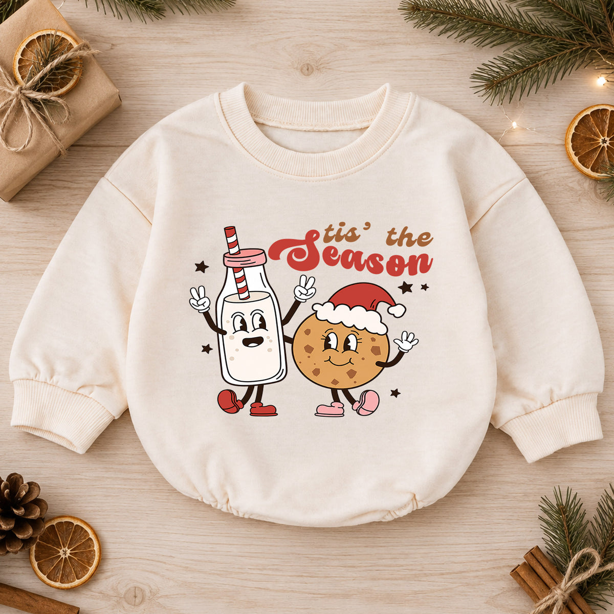 Christmas Baby Romper, Tis the Season Milk and Cookie Outfit, Funny Holiday Romper, Toddler Xmas Gift, Baby 1st Christmas — product view 1
