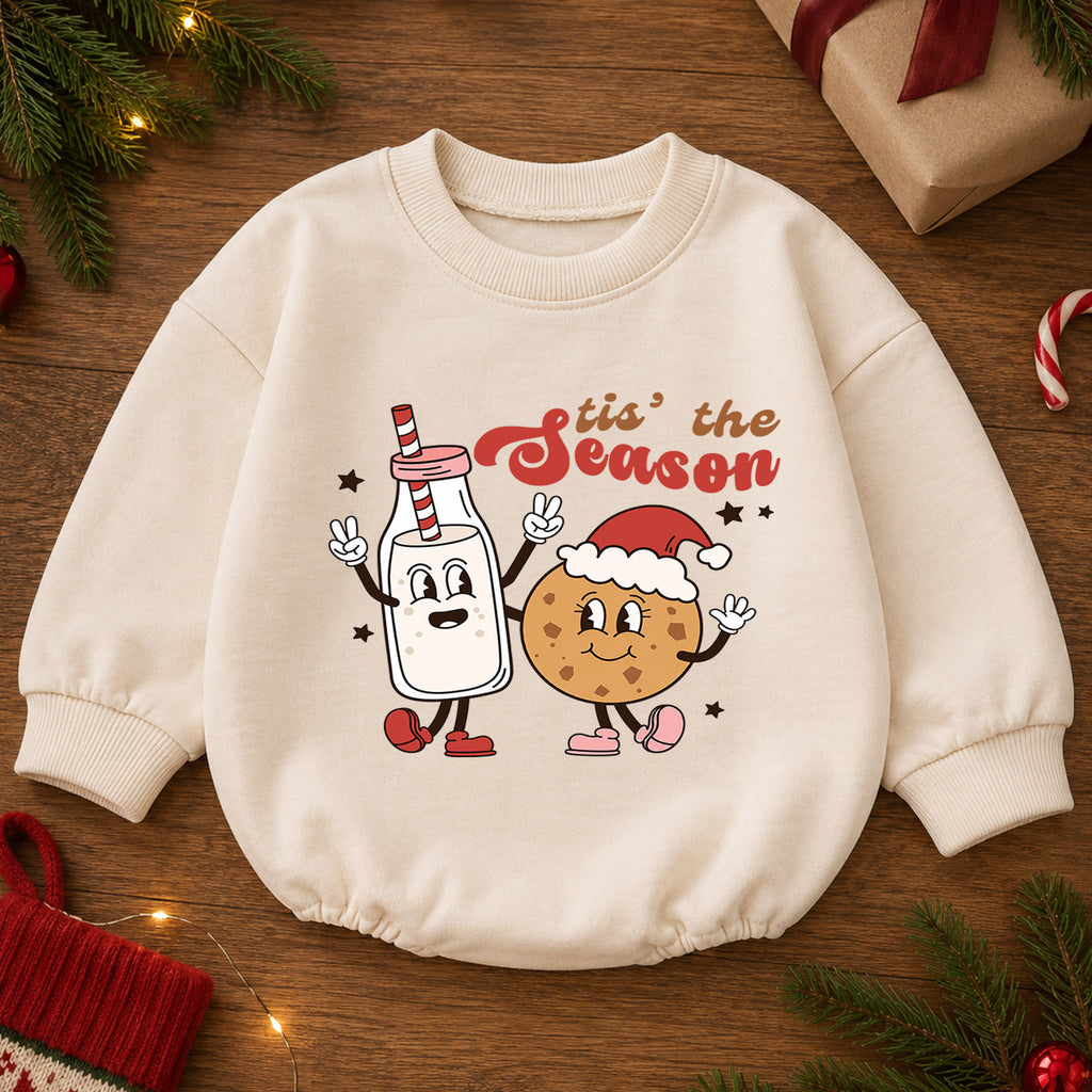 Christmas Baby Romper, Tis the Season Milk and Cookie Outfit, Funny Holiday Romper, Toddler Xmas Gift, Baby 1st Christmas — product view 2