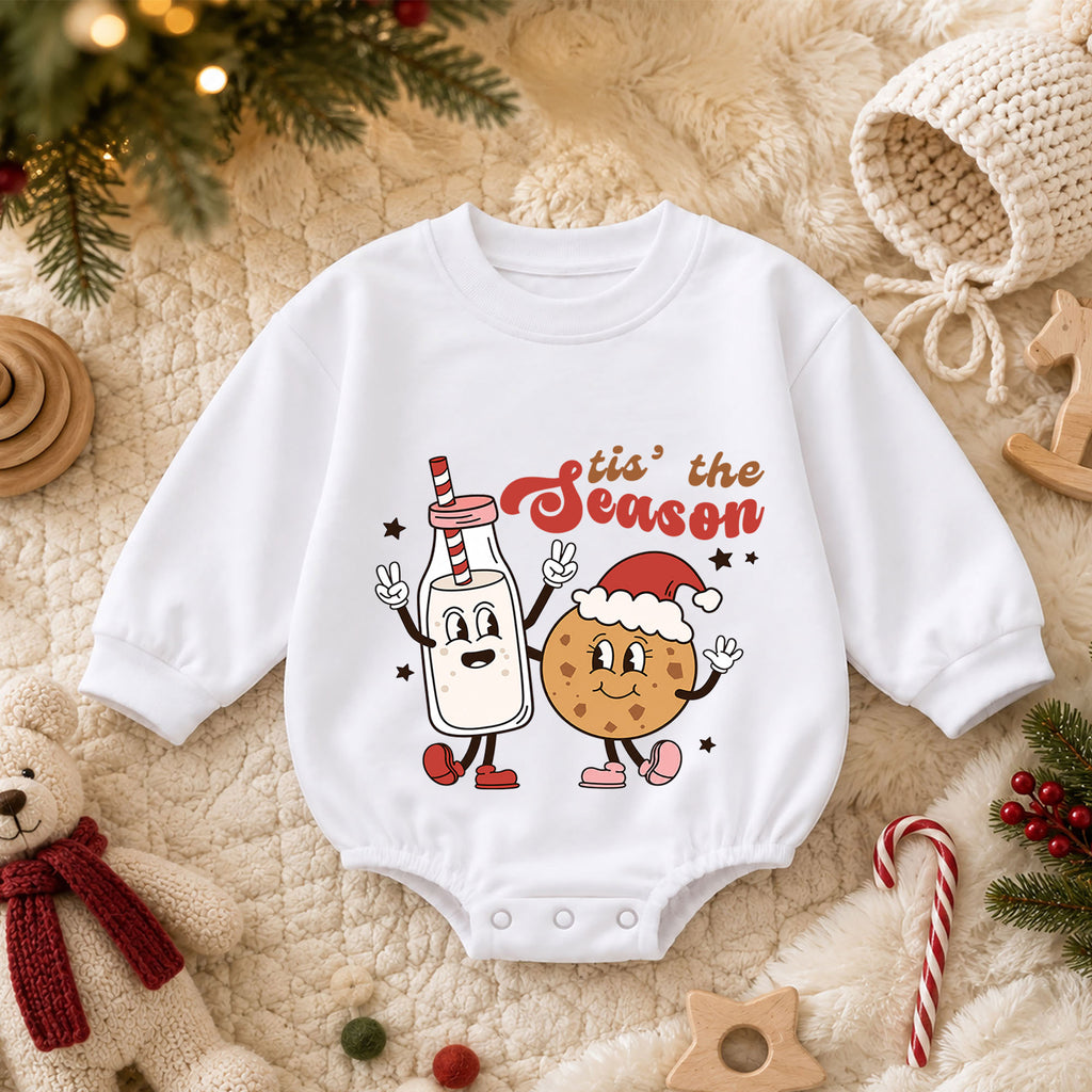 Christmas Baby Romper, Tis the Season Milk and Cookie Outfit, Funny Holiday Romper, Toddler Xmas Gift, Baby 1st Christmas — product view 3