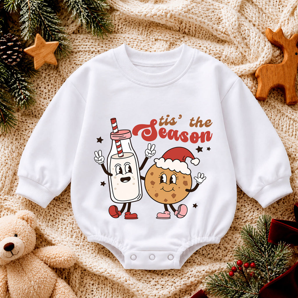 Christmas Baby Romper, Tis the Season Milk and Cookie Outfit, Funny Holiday Romper, Toddler Xmas Gift, Baby 1st Christmas — product view 4