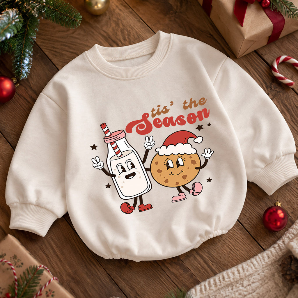 Christmas Baby Romper, Tis the Season Milk and Cookie Outfit, Funny Holiday Romper, Toddler Xmas Gift, Baby 1st Christmas — product view 5