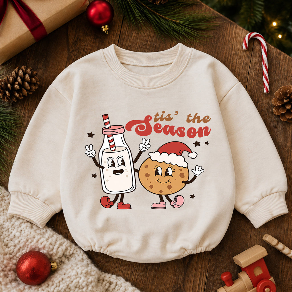 Christmas Baby Romper, Tis the Season Milk and Cookie Outfit, Funny Holiday Romper, Toddler Xmas Gift, Baby 1st Christmas — product view 6