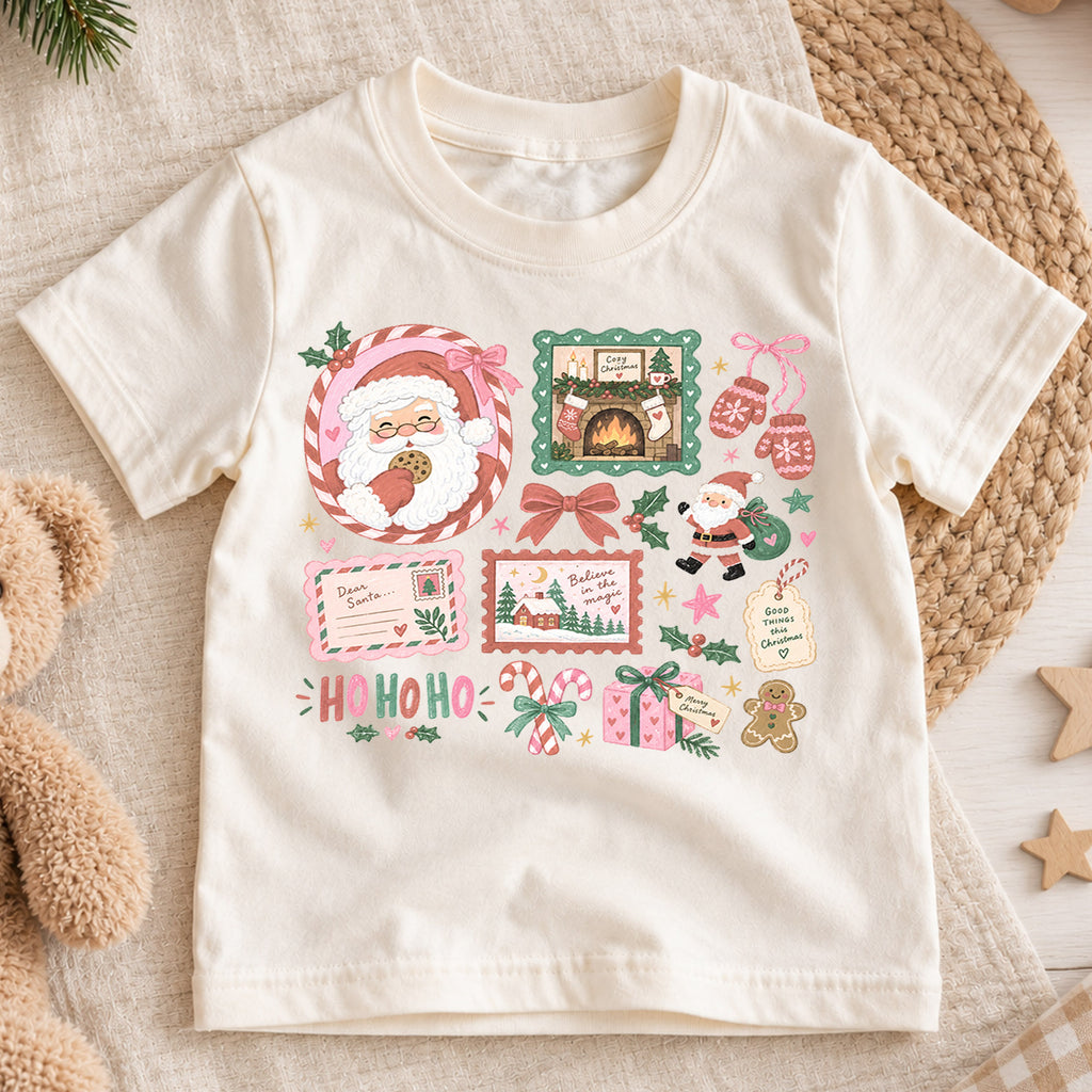 Cozy Christmas Kids Shirt, Santa Cookie Holiday T Shirt, Pink Christmas Collage Tee, Cute Festive Xmas Gift for Kids — product view 1