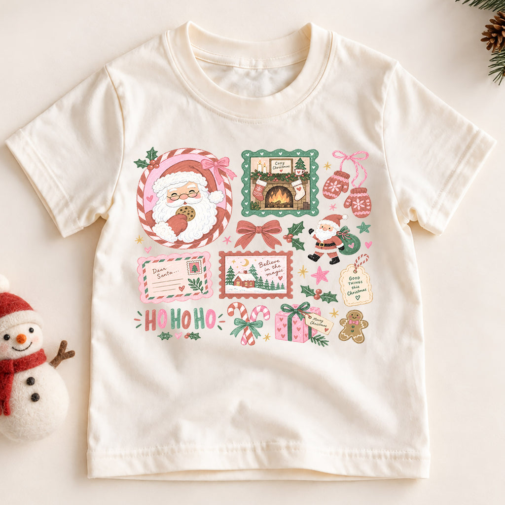 Cozy Christmas Kids Shirt, Santa Cookie Holiday T Shirt, Pink Christmas Collage Tee, Cute Festive Xmas Gift for Kids — product view 2