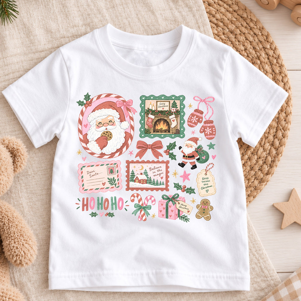 Cozy Christmas Kids Shirt, Santa Cookie Holiday T Shirt, Pink Christmas Collage Tee, Cute Festive Xmas Gift for Kids — product view 3