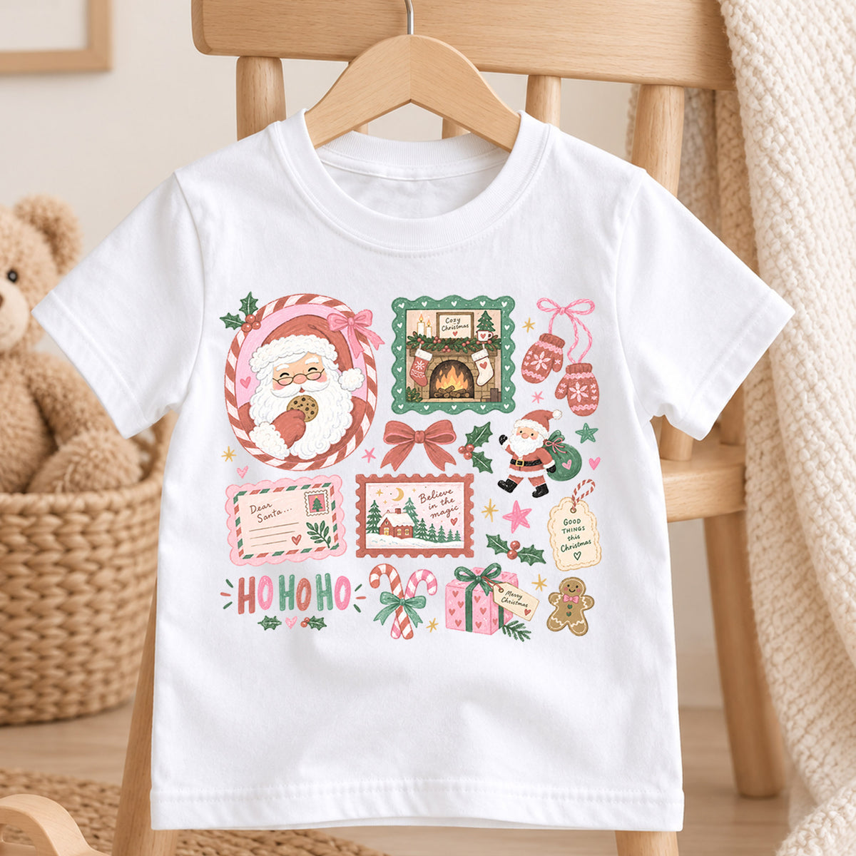 Cozy Christmas Kids Shirt, Santa Cookie Holiday T Shirt, Pink Christmas Collage Tee, Cute Festive Xmas Gift for Kids — product view 4