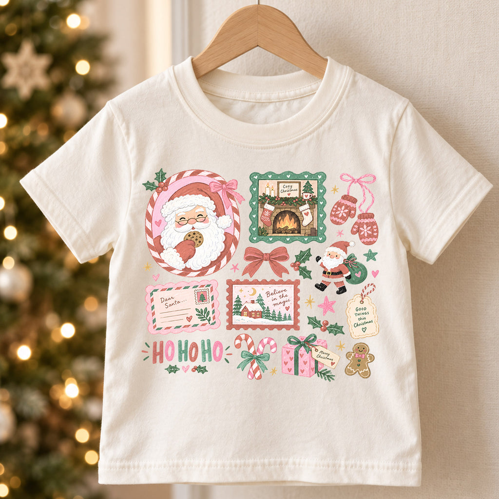 Cozy Christmas Kids Shirt, Santa Cookie Holiday T Shirt, Pink Christmas Collage Tee, Cute Festive Xmas Gift for Kids — product view 5